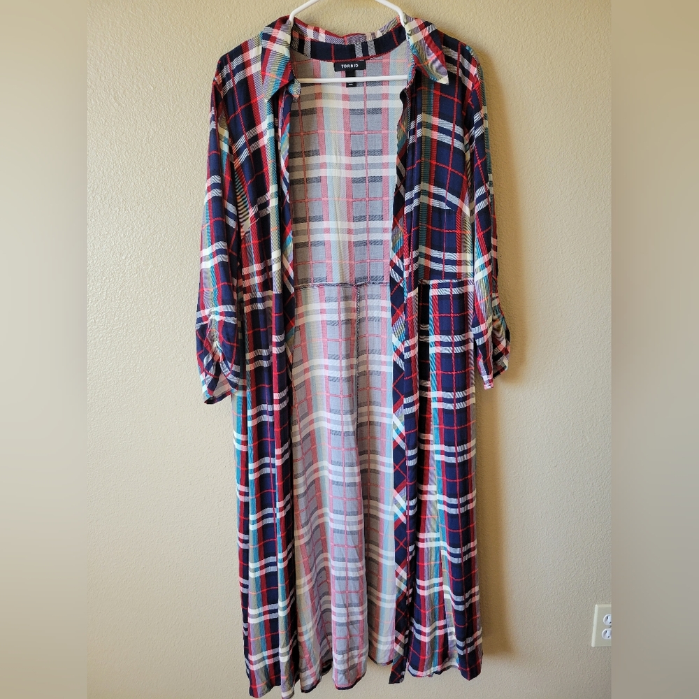 Torrid Maxi Kimono Challis Plaid Red & Blue, 2X